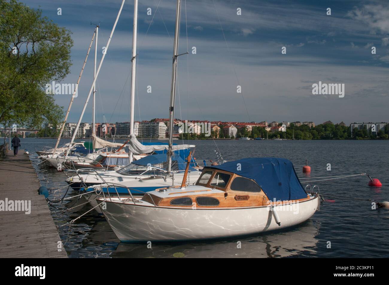 Yates atracados en un puerto deportivo en el lago Mälaren, Estocolmo. Este es el tercer lago de agua dulce más grande de Suecia. Foto de stock