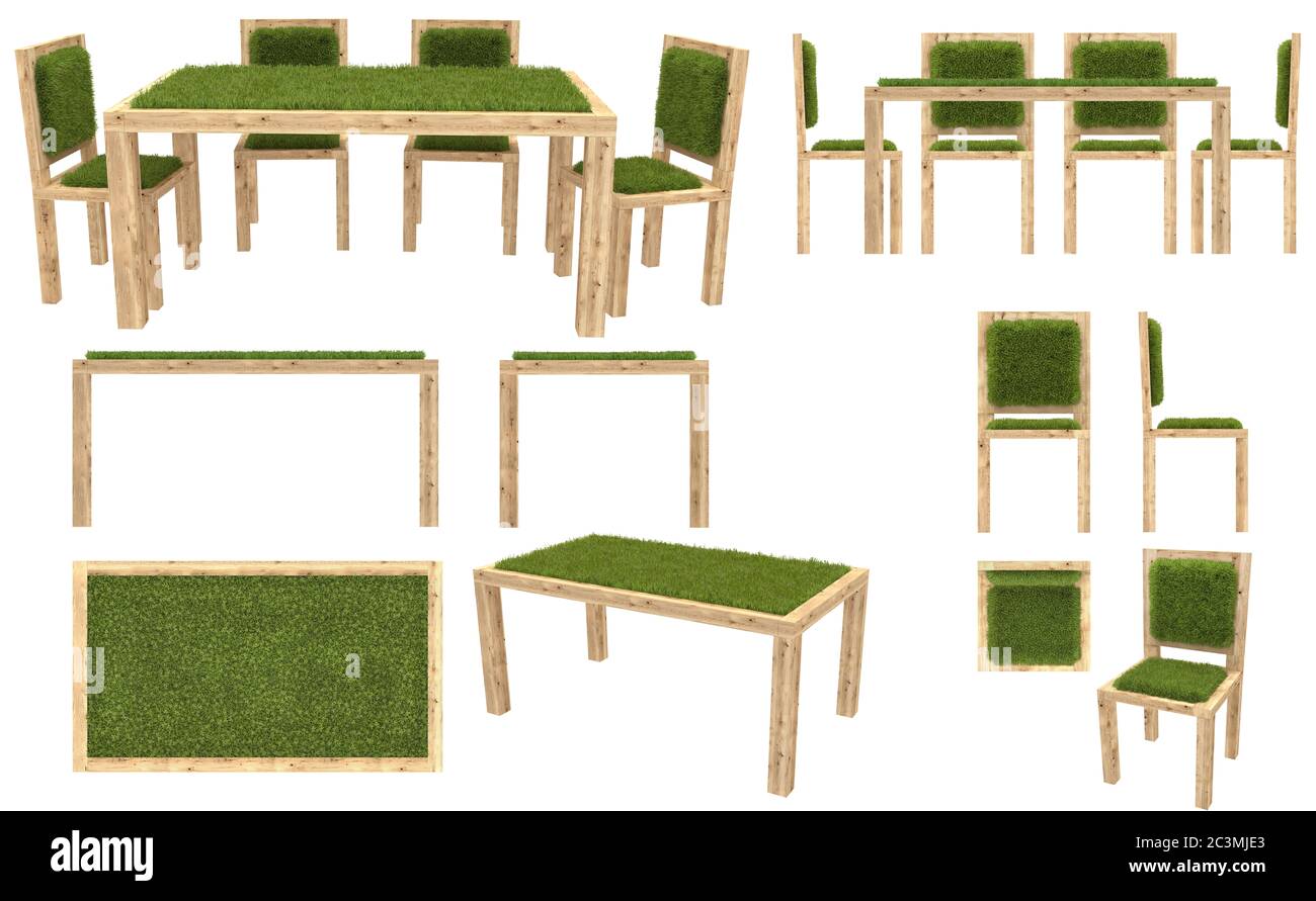 Mesa de madera y sillas con cubierta de hierba. Muebles de jardín. Vista superior, vista lateral, vista frontal. Aislado sobre fondo blanco. Visualización 3D. Foto de stock