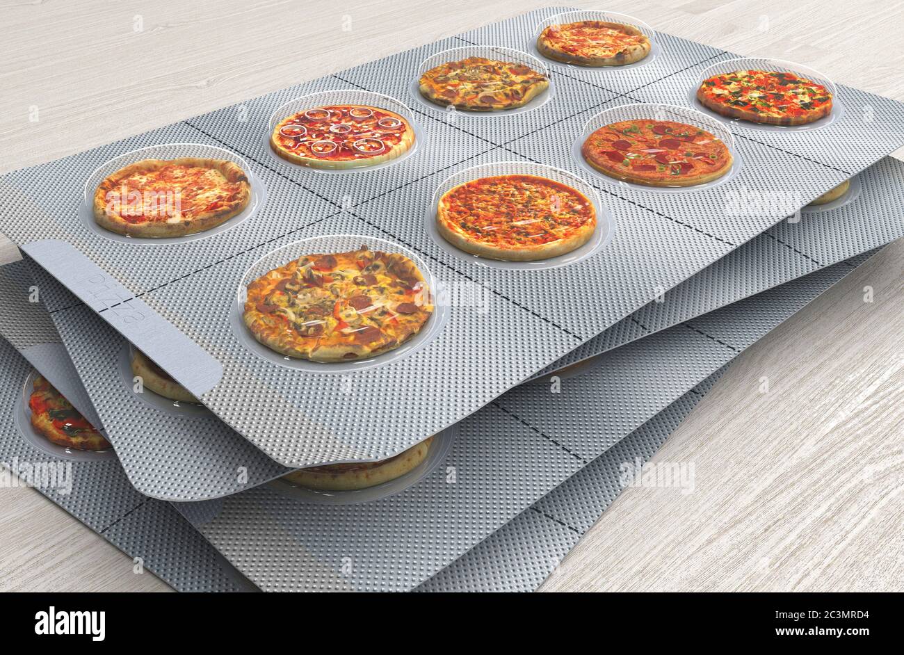 Pizza pequeña en una ampolla en lugar de pastillas. Comida rápida en tamaño de porción. Concepto creativo. Ilustración de renderización 3D. Foto de stock
