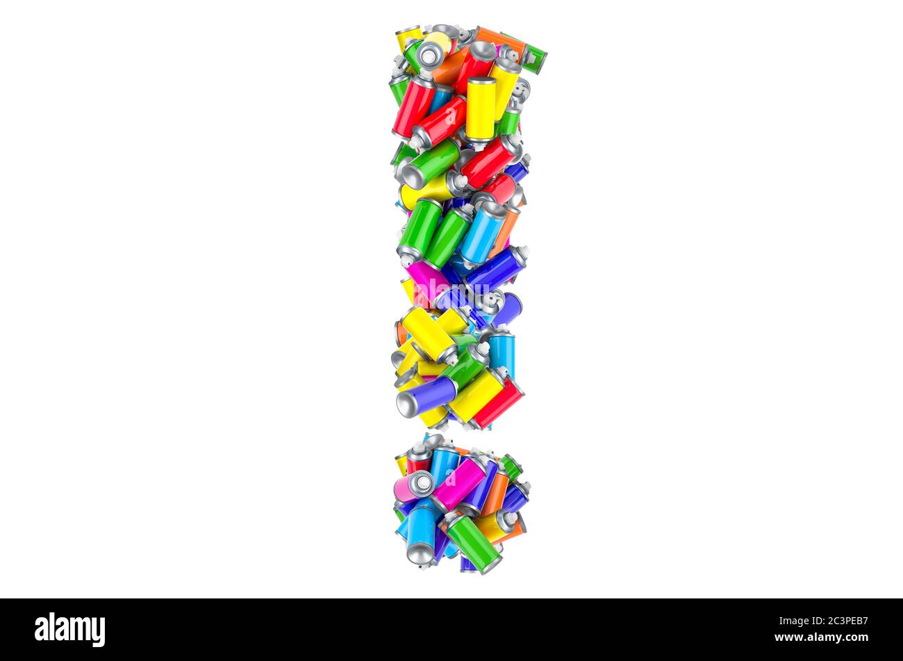 Signo de exclamación de las latas de pintura en aerosol de color, representación 3D aislada sobre fondo blanco Foto de stock