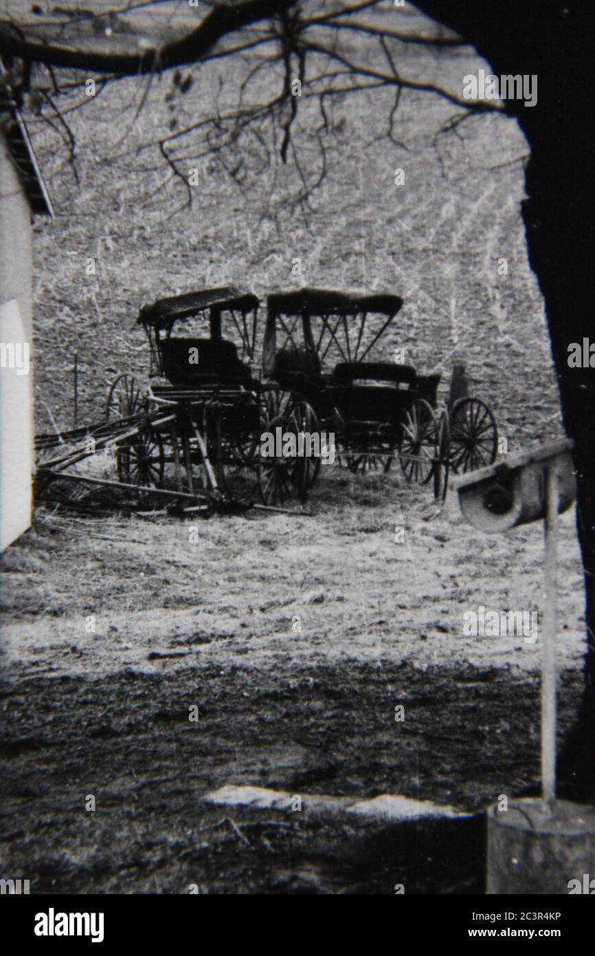 Fotografía en blanco y negro de la cosecha de los 70 de dos buggies Amish estacionados detrás del granero. Foto de stock
