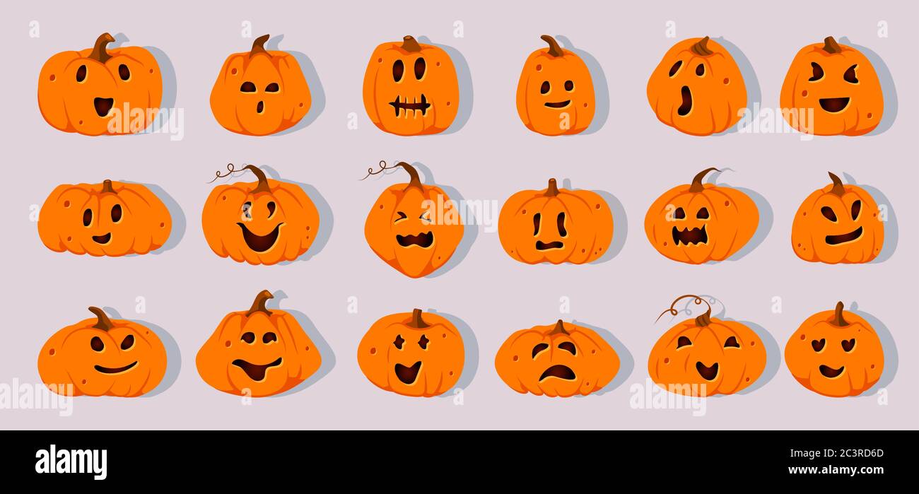 Juego de corte de papel de calabaza de Halloween. Diferentes formas de  calabaza con caras bonitas talladas emoción. Signo gracioso gracioso cute  cortar sonrisa de calabaza. Decoración para la invitación de la