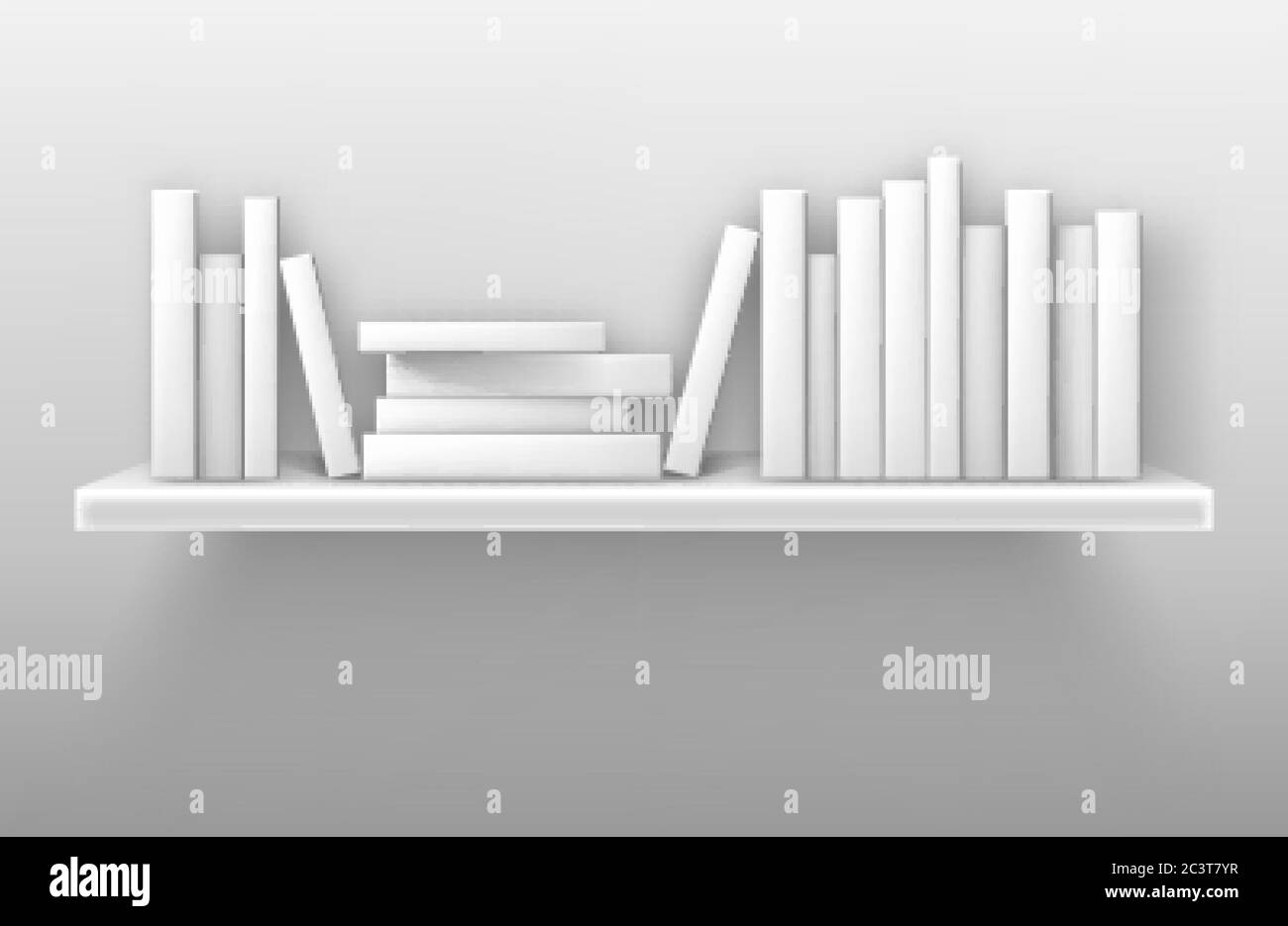 Burla de estantería blanca, libros en estantería en la biblioteca, el hogar, la escuela o el interior de la oficina. Volúmenes con soporte de bolsillo en blanco en fila y acostado en pila en el rack colgando en la pared, 3D realista vector de simulación Ilustración del Vector