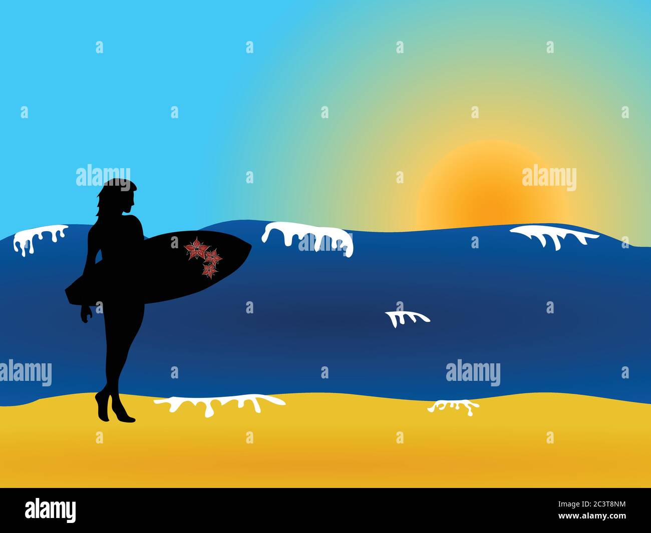 Surfista femenina de mano Silhouette negro sosteniendo UN Surfboard decorado con flores rojas sobre las olas Arena y Cielo con Fondo de Sol Ilustración del Vector
