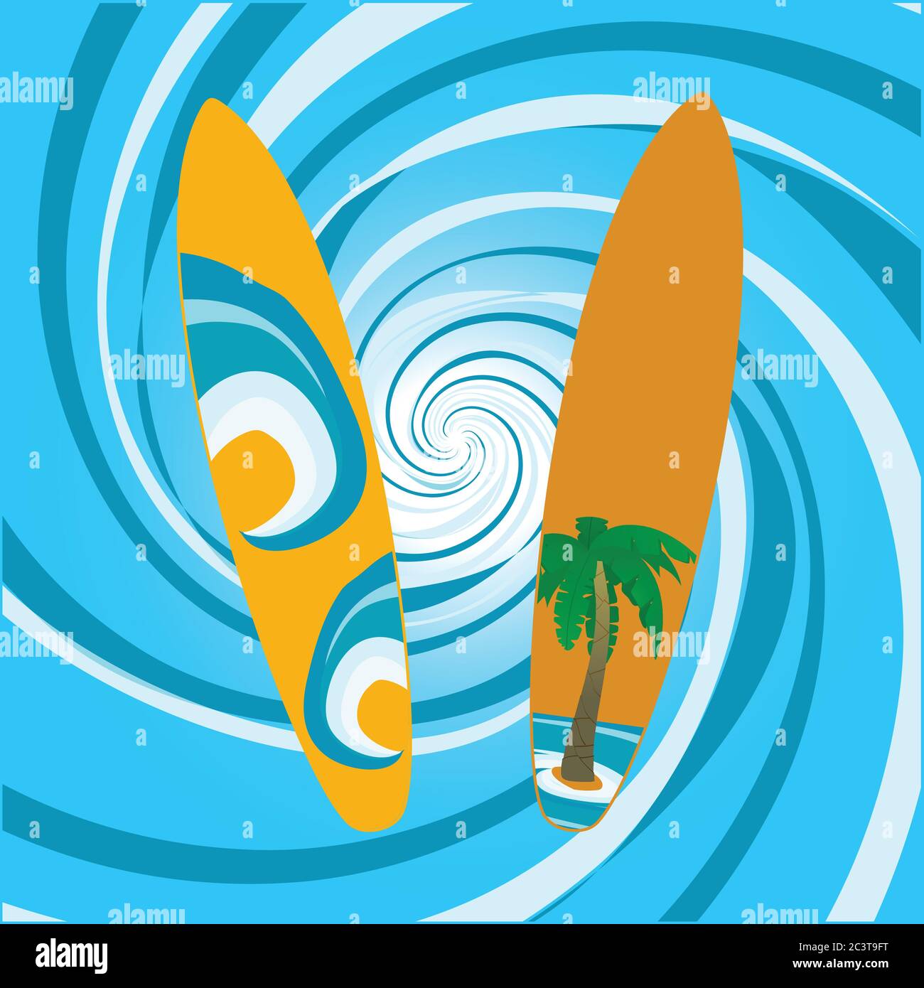 Surfboard decorado con olas del océano y palmeras tropicales sobre fondo azul y blanco abstracto Ilustración del Vector