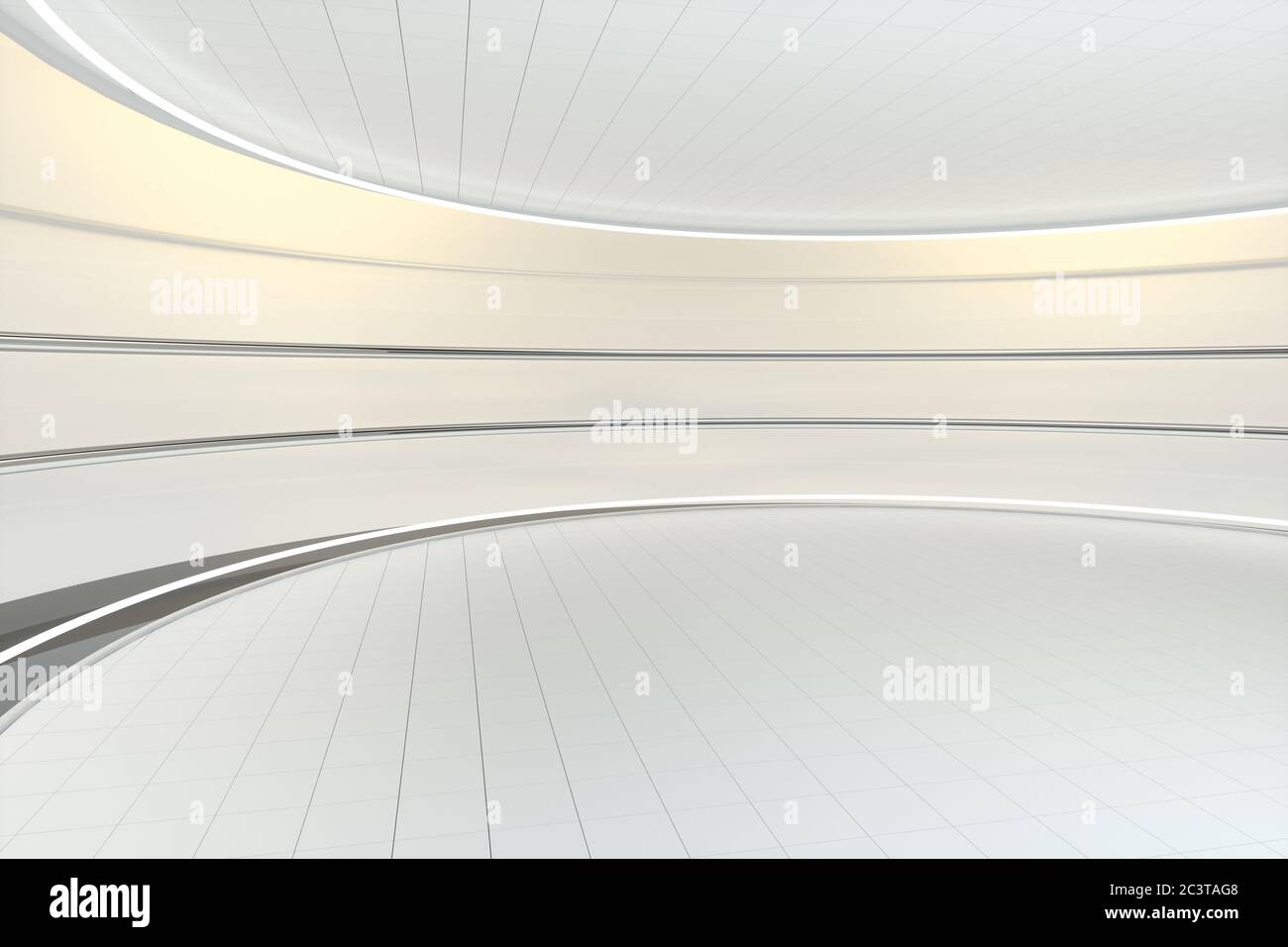 Sala redonda blanca, estructura futurista, reproducción 3d. Dibujo