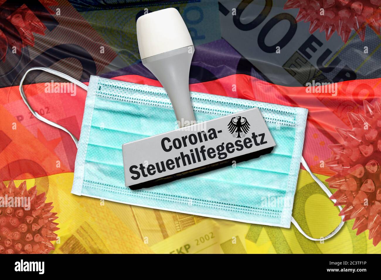 FOTOMONTAJE, sello y máscaras en Alemania bandera icono foto Corona Control Assistance Act, FOTOMONTAGE, Stempel und Mundschutz auf Deutschlandfahne, Symb Foto de stock