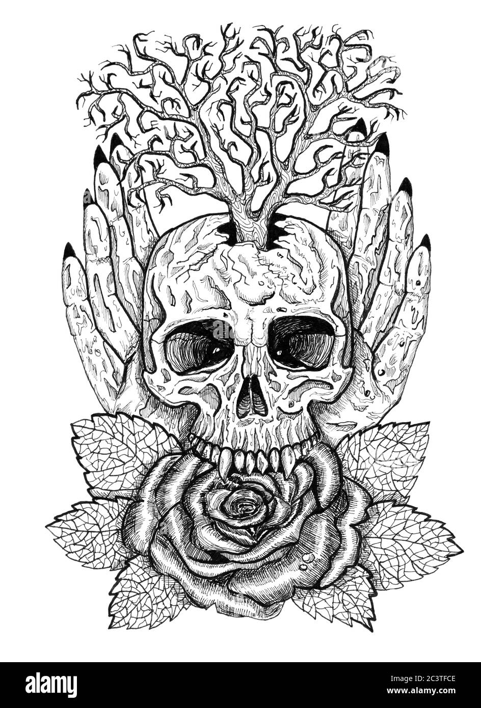 Emblema wiccan blanco y negro con cráneo, manos humanas, flor de rosa y árbol. Ilustración esotérica, oculta y gótica con símbolos de la muerte, Halloween Foto de stock