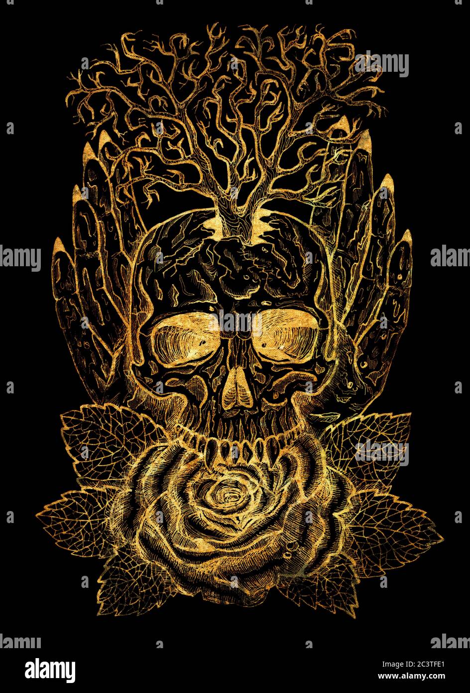 Emblema de oro con cráneo, manos humanas, árbol y rosa. Ilustración esotérica, oculta y gótica con símbolos de muerte, Halloween fondo místico, eng Foto de stock