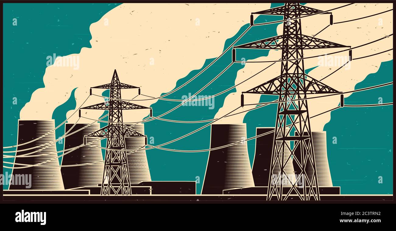 Central eléctrica y líneas de alta tensión en estilo póster retro Ilustración del Vector