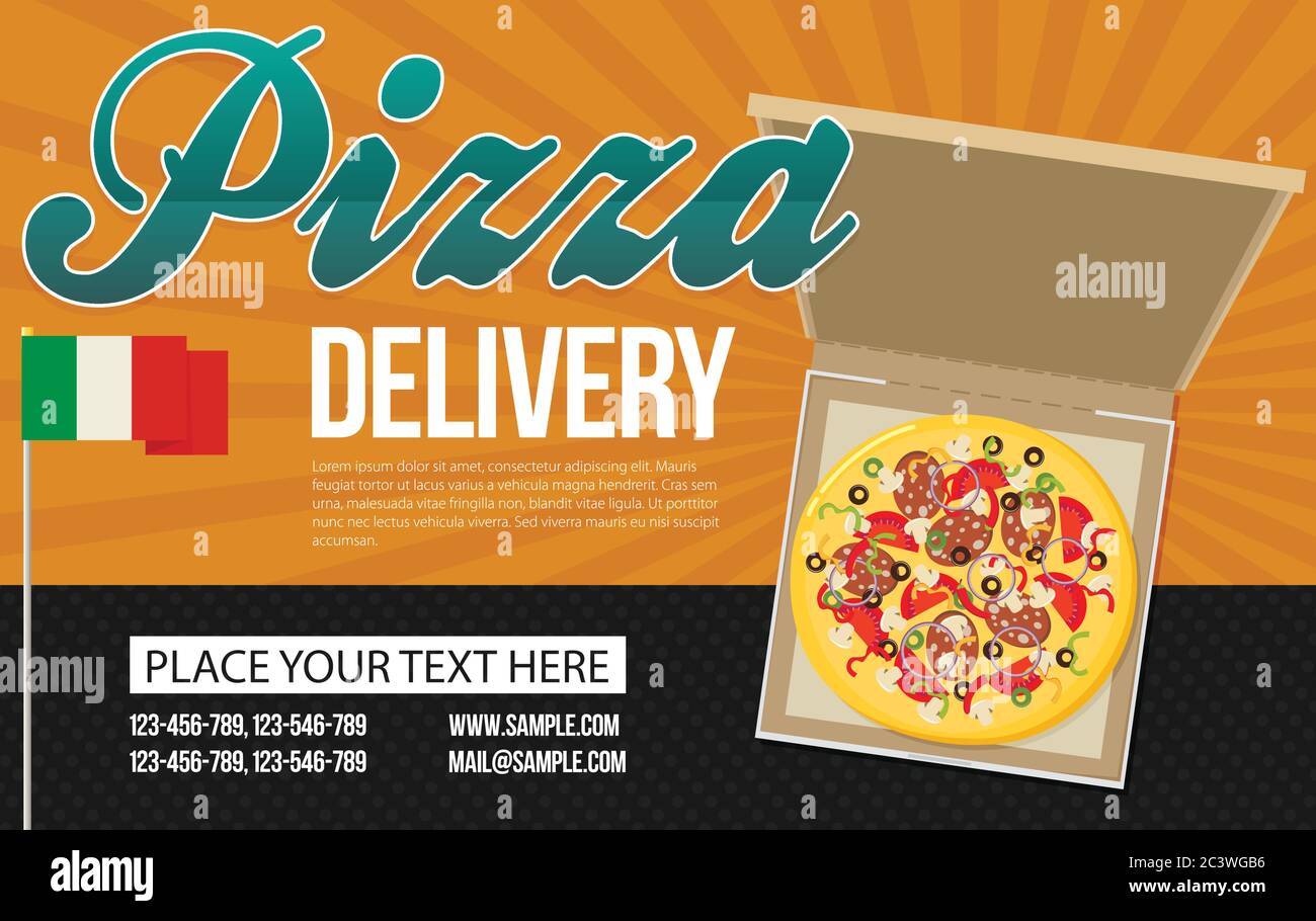 Banner publicitario de vector de la caja de pizza. Servicio de entrega de  cajas de pizza Imagen Vector de stock - Alamy