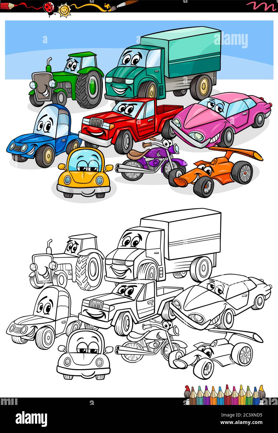 Dibujos animados Ilustración de Autos divertidos y vehículos de Transporte  personajes Grupo de colorear Libro Página Imagen Vector de stock - Alamy