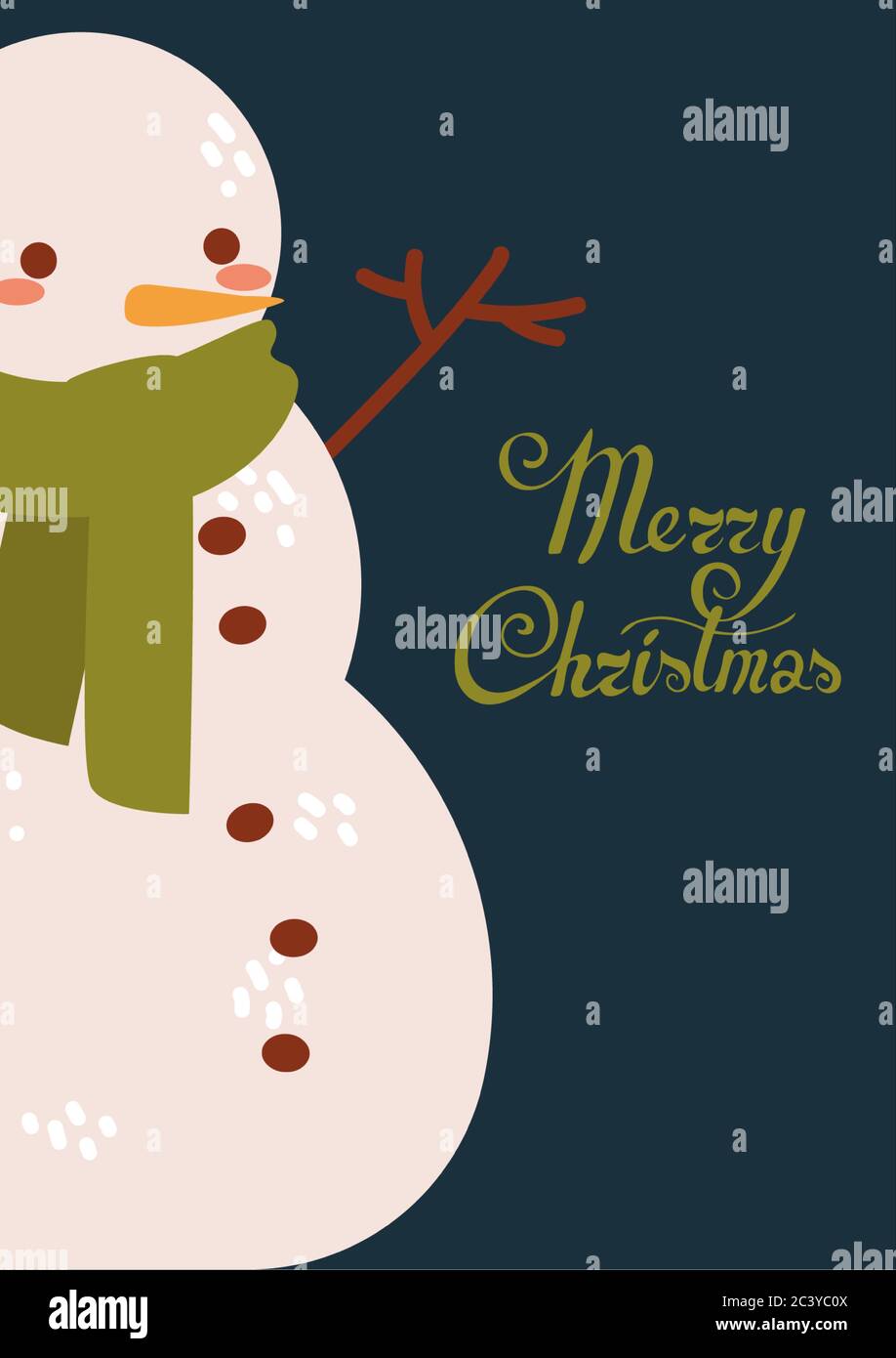 Muñeco de nieve de dibujos animados con bufanda y letra de feliz Navidad Ilustración del Vector