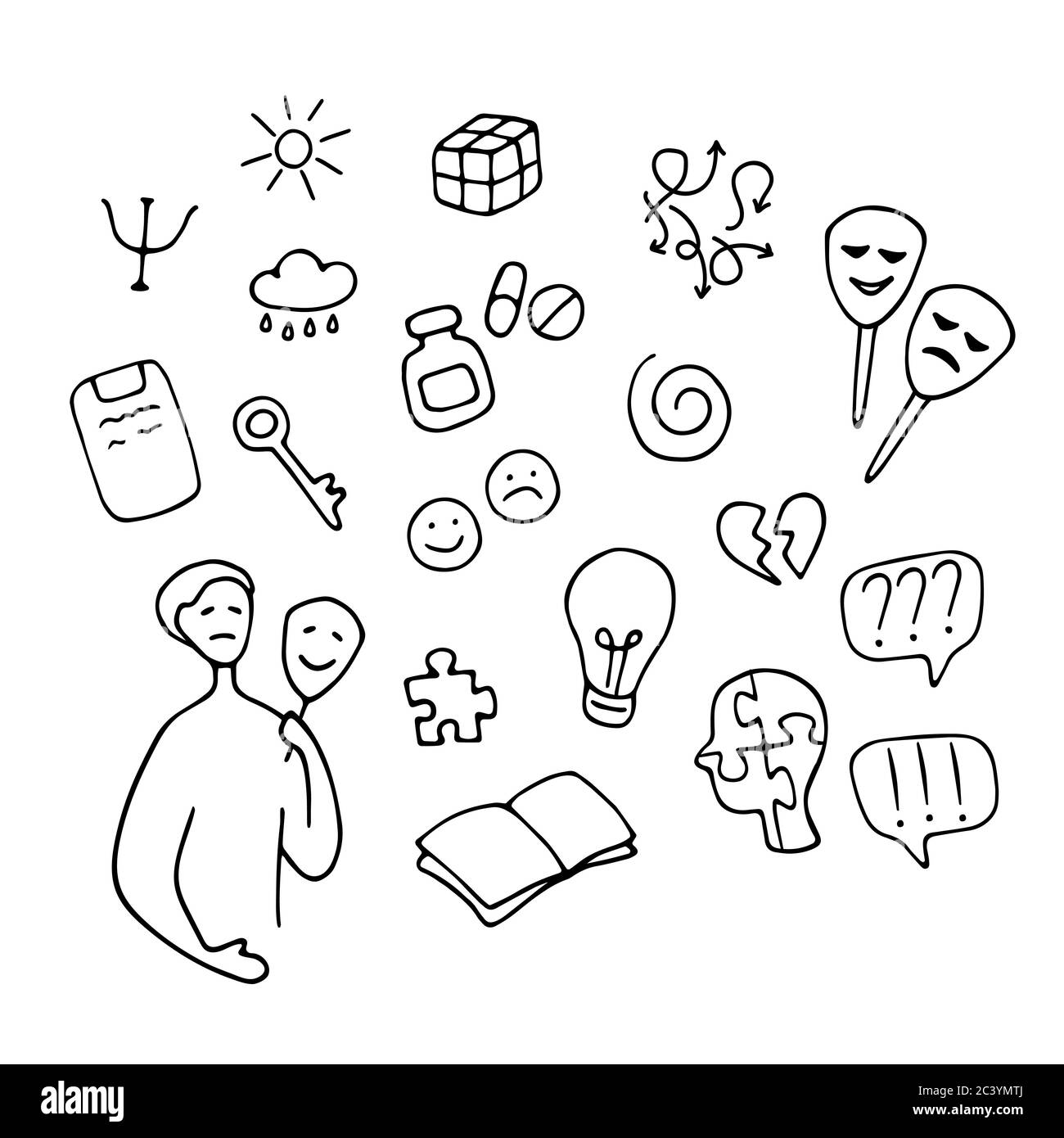 Conjunto de iconos de psicología. Dibujo de fideos dibujado a mano Imagen  Vector de stock - Alamy
