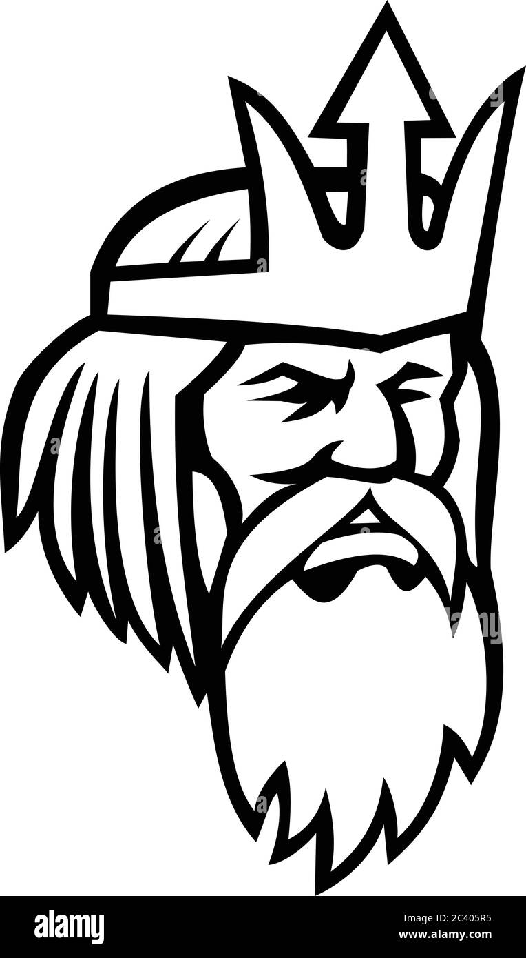Negro y blanco mascota ilustración de la cabeza de Poseidón o Neptuno, dios del Mar en la mitología griega y romana mirando al lado visto desde el frente o Ilustración del Vector