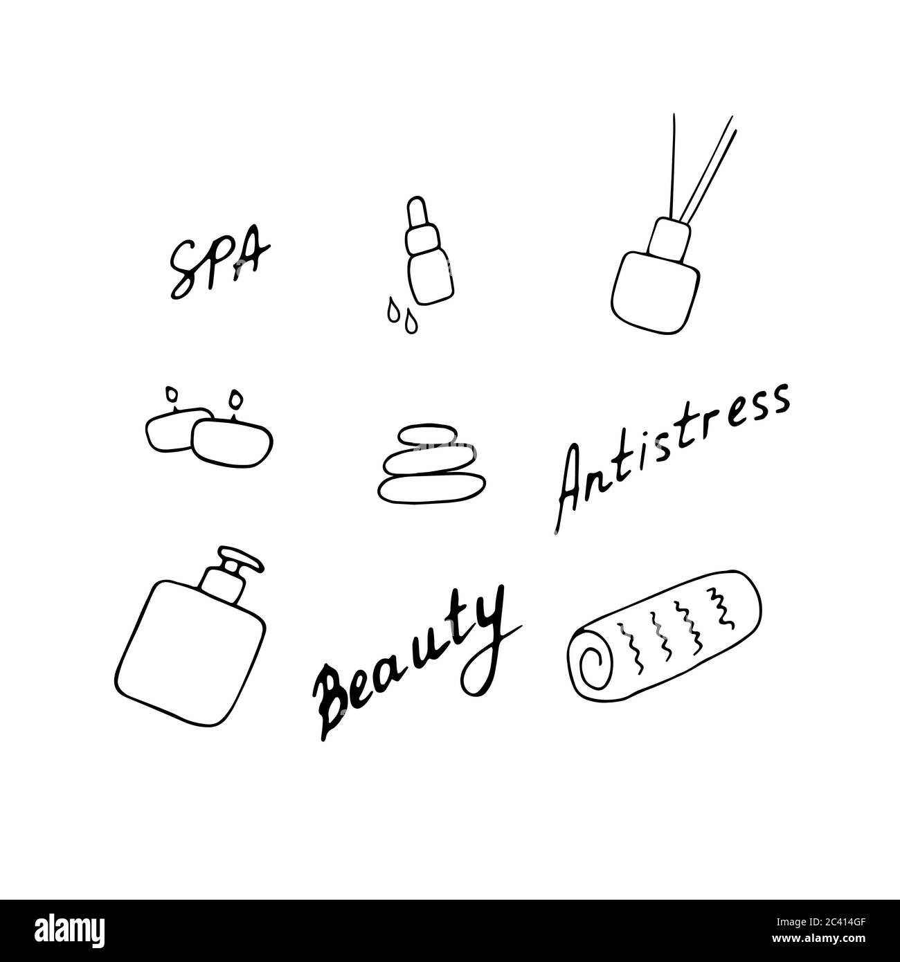 Iconos del salón DE SPA. Concepto de belleza. Signos de cuidado de la piel. Ilustracion vectorial dibujado a mano. Ilustración del Vector