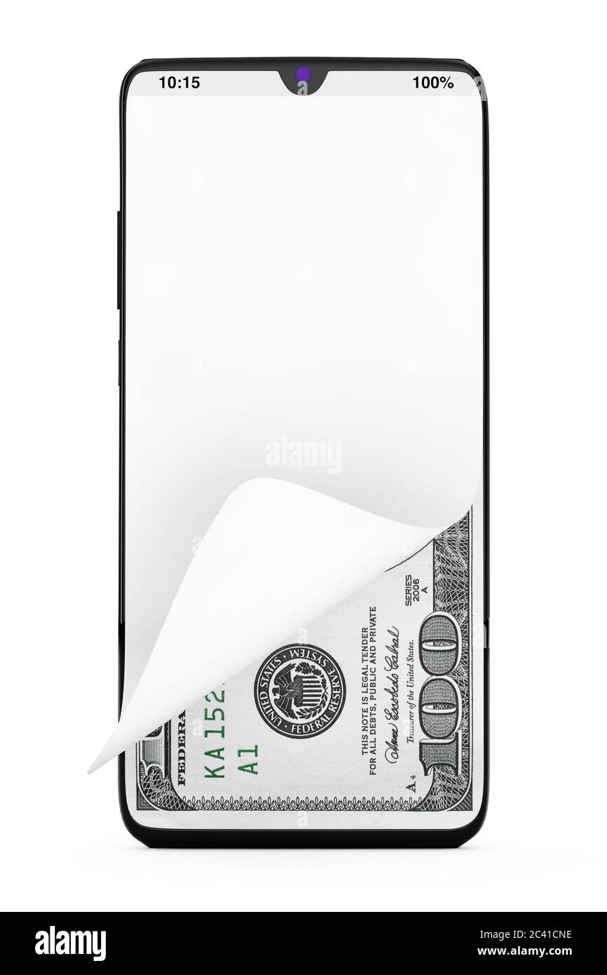 Dólares Bills dinero bajo frente de vidrio pantalla de teléfono móvil  moderno sobre un fondo blanco. Presentación 3d Fotografía de stock - Alamy