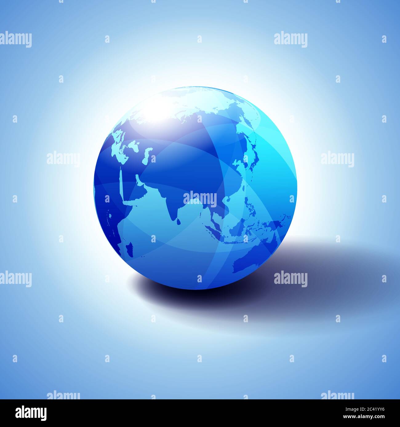 China, Asia y Japón Global World Globe icono Ilustración 3D, brillante, esfera brillante con mapa global en azul sutil dando una sensación transparente Ilustración del Vector
