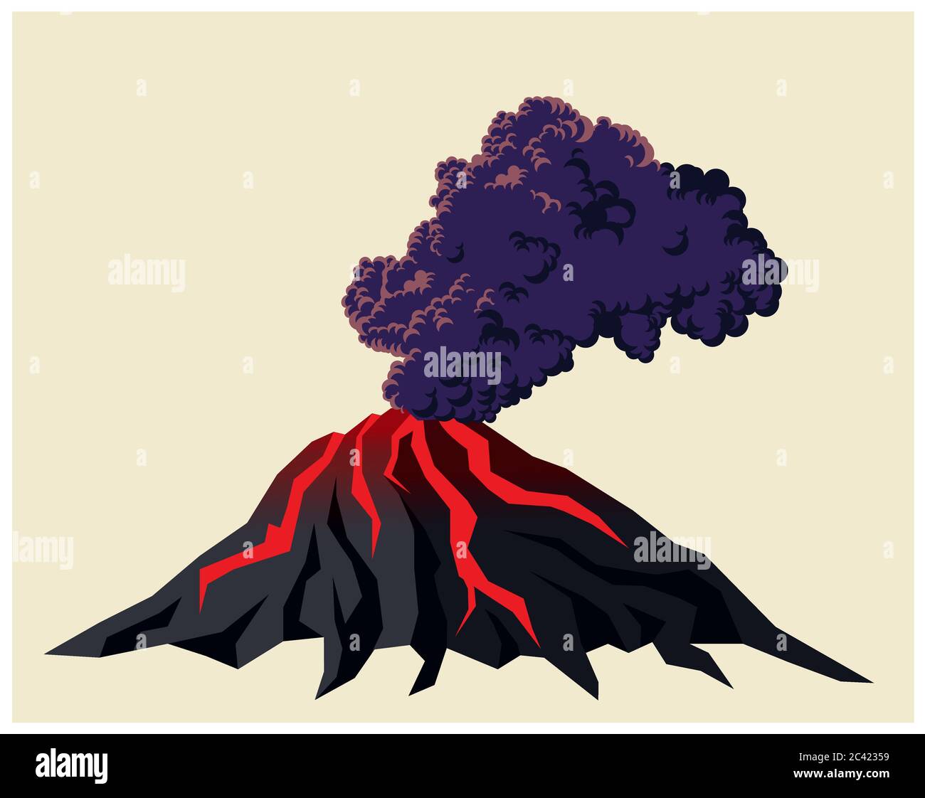 Ilustración estilizada de un volcán fumador con nubes negras de humo Ilustración del Vector