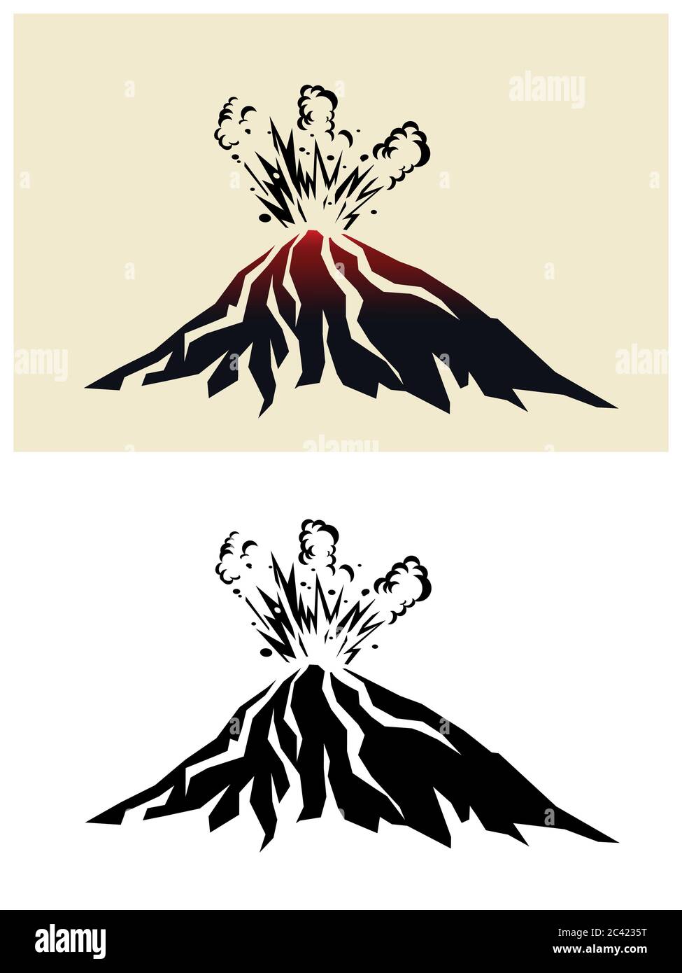 Ilustración estilizada de un volcán en erupción con nubes negras de humo Ilustración del Vector