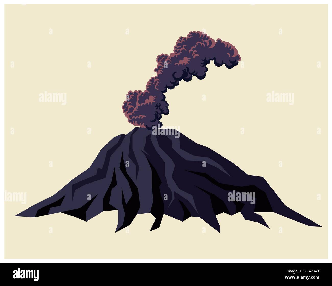 Ilustración estilizada de un volcán fumador con nubes negras de humo Ilustración del Vector