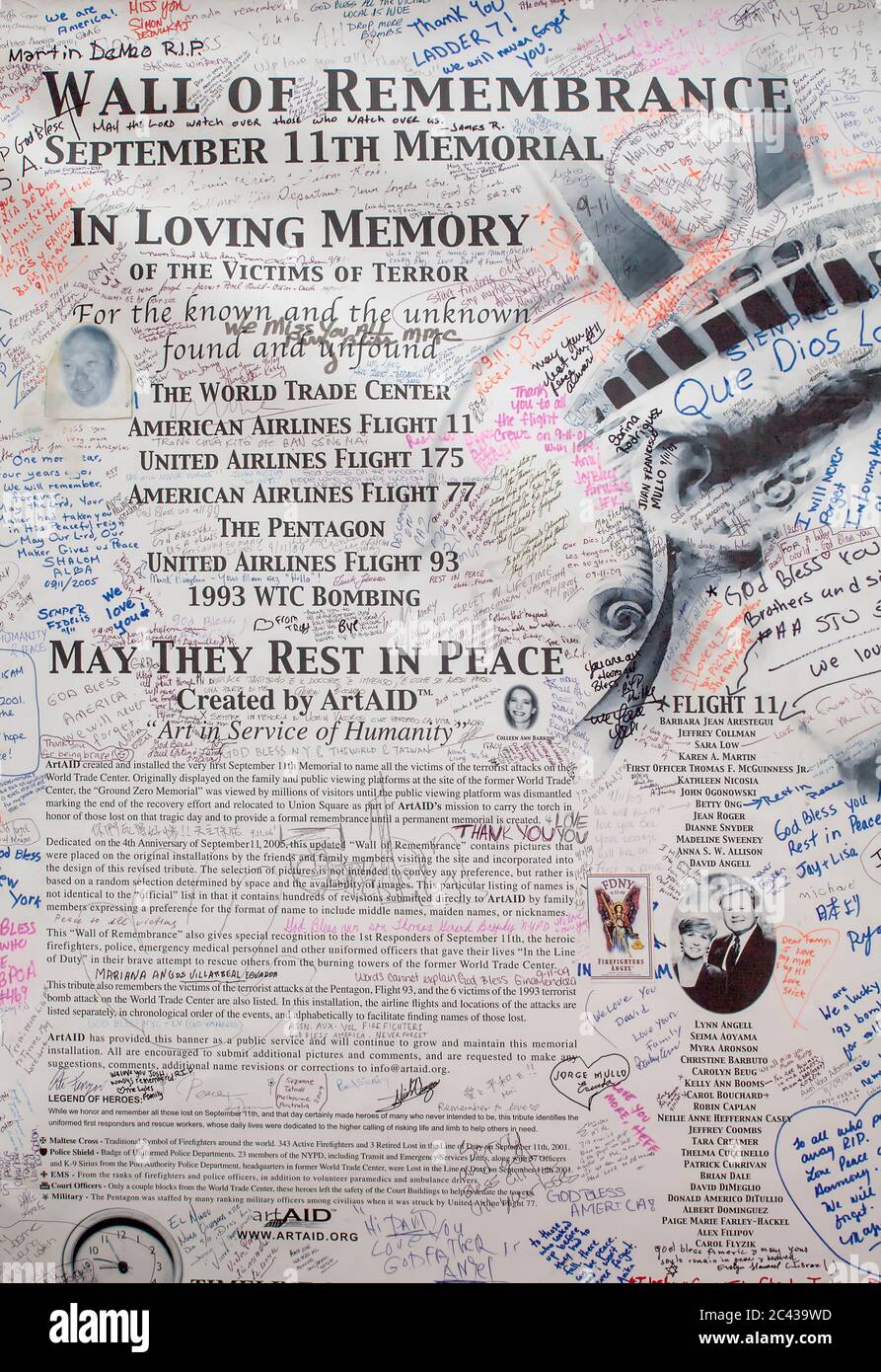 ArtAid Wall of Rememerance World Trade Ceneter sitio Nueva York, EE.UU Foto de stock
