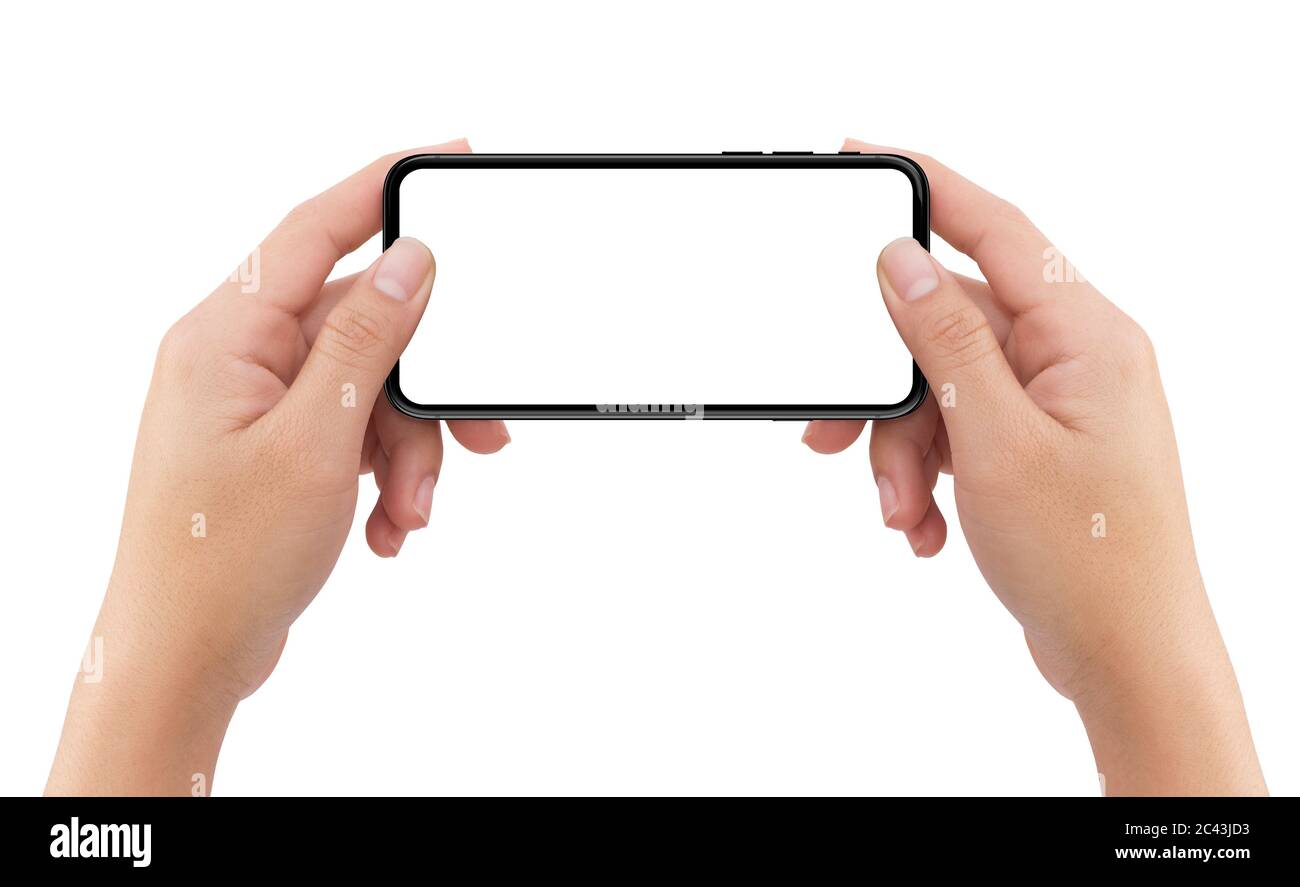 Aislado humano dos manos sosteniendo blanco móvil smartphone dispositivo de choque con fondo blanco Foto de stock