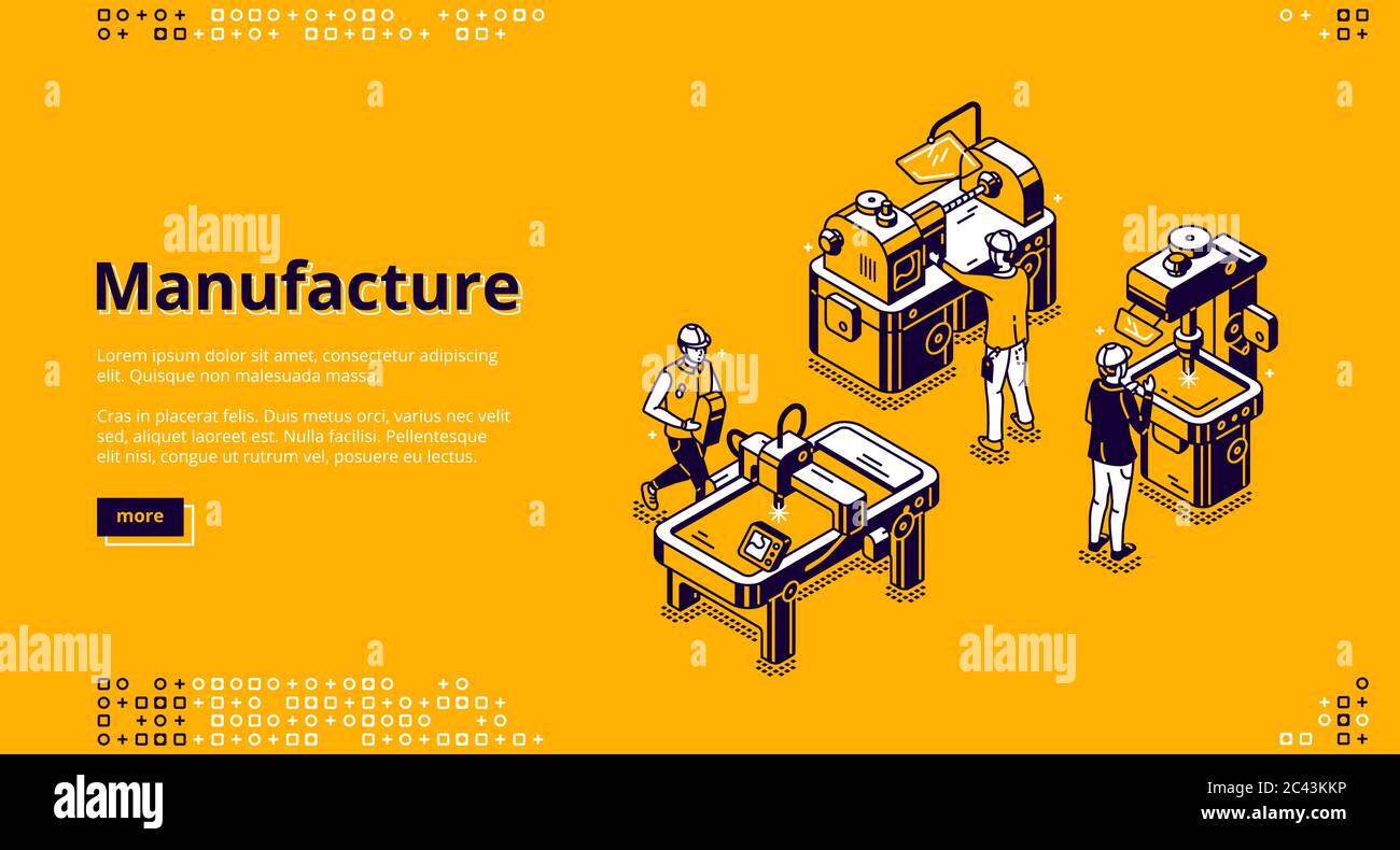 Fabricar página de inicio isométrica. Producción industrial de material en  planta moderna. Trabajadores en el proceso de fabricación de la fábrica de  ropa con torno, soldadura o perforación de máquinas 3d vector