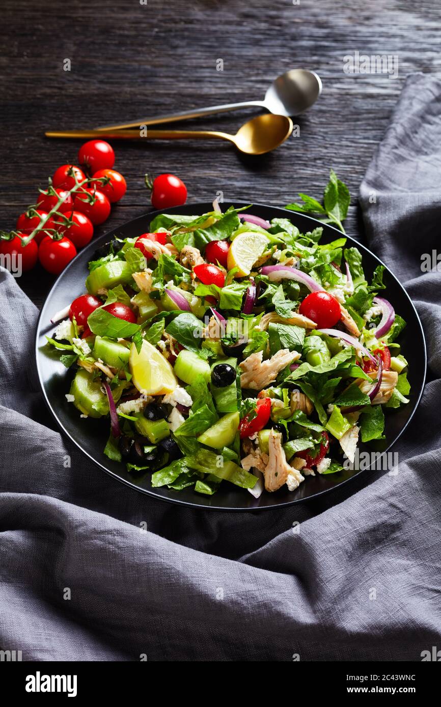 ensalada de carne de pollo, aceitunas, cebolla roja, tomates, pepino, menta, lechuga rociada con queso feta desmenuzado en un tazón negro, vista vertical Foto de stock