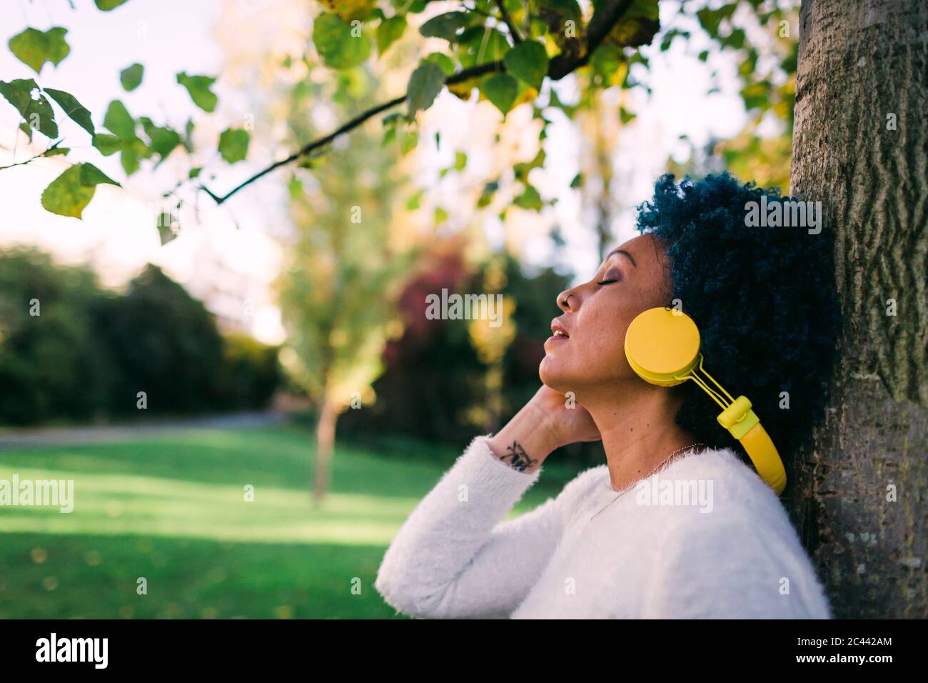 Mujer con los ojos cerrados disfrutando de la música mientras se relaja en el árbol en el parque Foto de stock