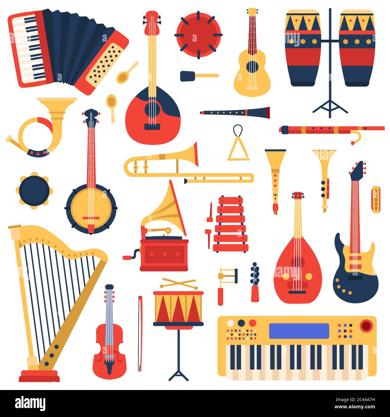 Instrumentos musicales. Guitarra, batería, sintetizador de piano y arpa, banda de jazz instrumentos musicales vector ilustración conjunto Ilustración del Vector