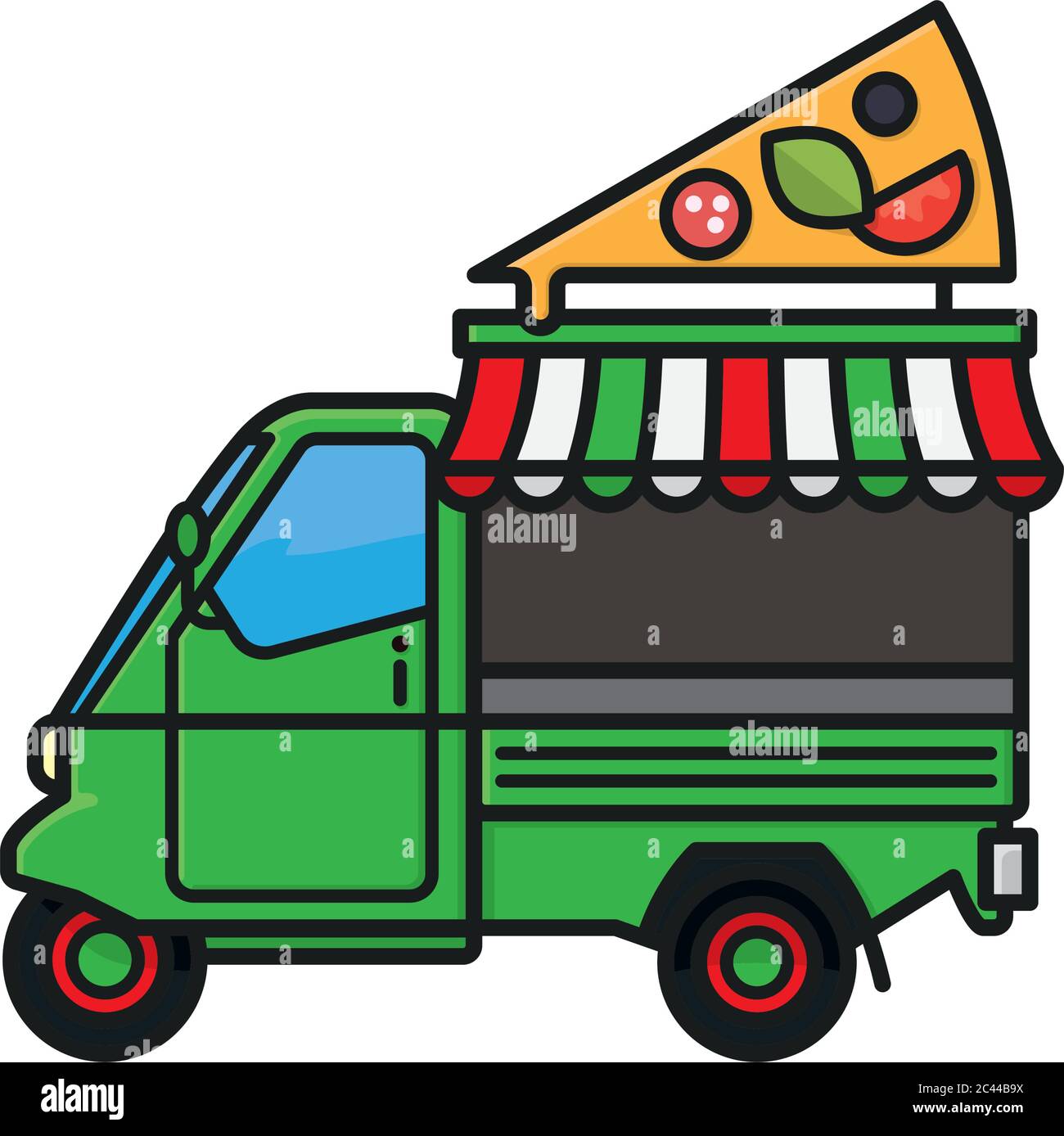 Pequeño italiano pizza camión de alimentos triciclo vector aislado  ilustración para el día de Foodtruck el 26 de junio. Símbolo de comida para  llevar Imagen Vector de stock - Alamy