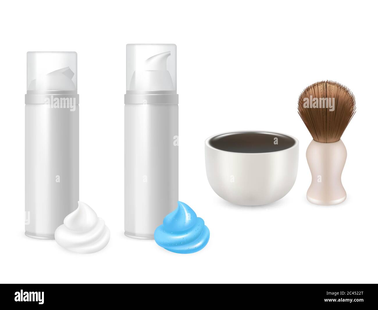 Botellas de espuma de gel de afeitado Vector, cepillo de afeitado, juego de taza de mocset Ilustración del Vector