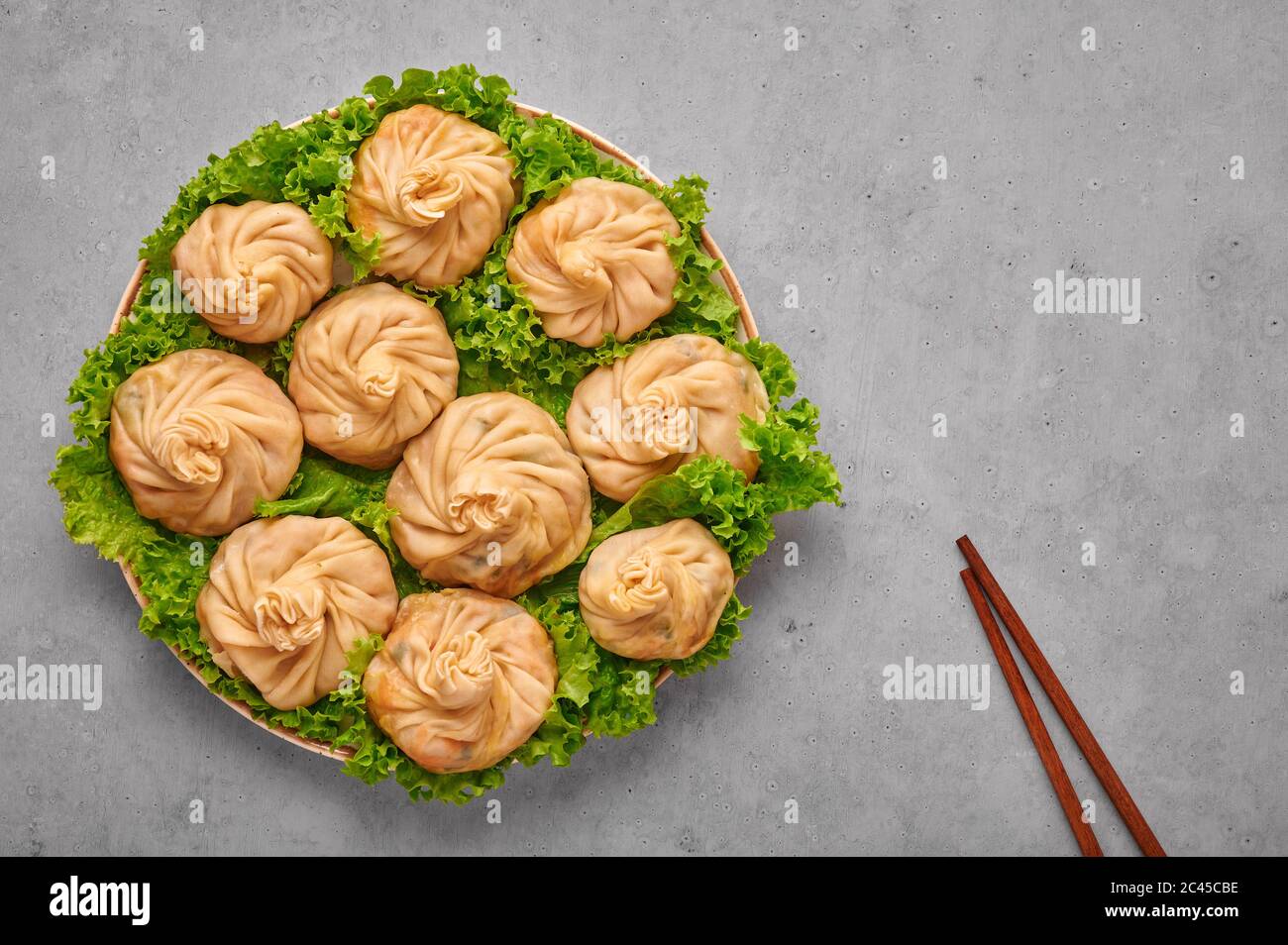 Veg Momos sobre mesa de concreto gris . Momos es el plato popular de la cocina india, tibetana, china. Comida asiática. Comida vegetariana. Espacio de copia. Arriba vi Foto de stock