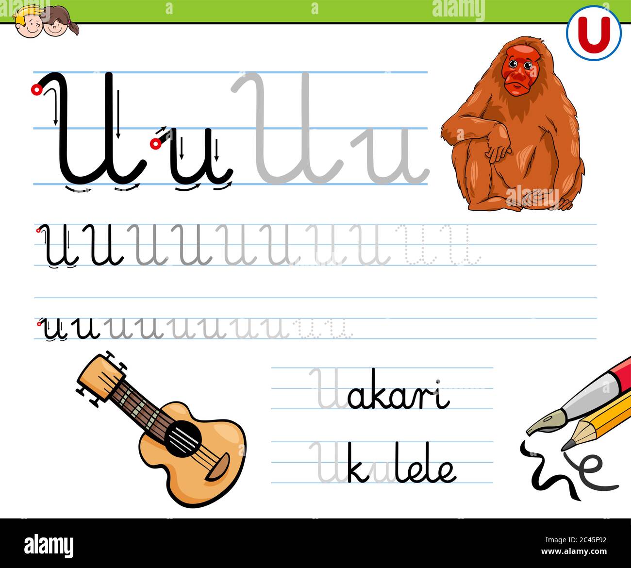 Dibujo de dibujos animados de la hoja de trabajo de práctica de habilidades  de escritura con la letra U para niños de edad preescolar y elemental  Imagen Vector de stock - Alamy