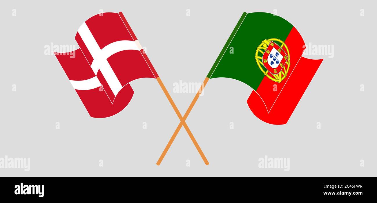 Banderas cruzadas y agitadas de Portugal y Dinamarca. Ilustración vectorial Ilustración del Vector