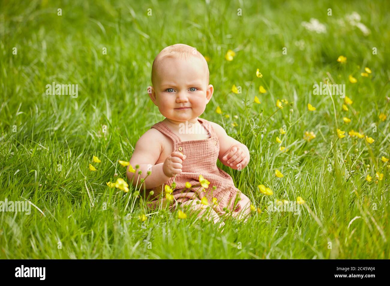 Retrato de niña sentada en un prado. Foto de stock