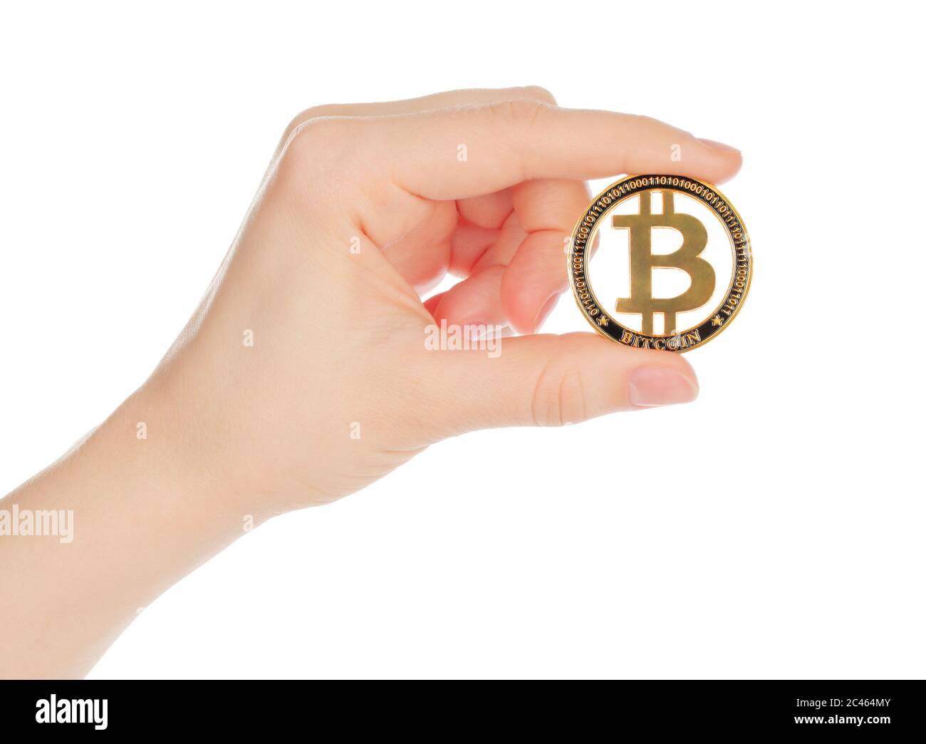Asideros Bitcoin sobre fondo blanco de cerca Foto de stock