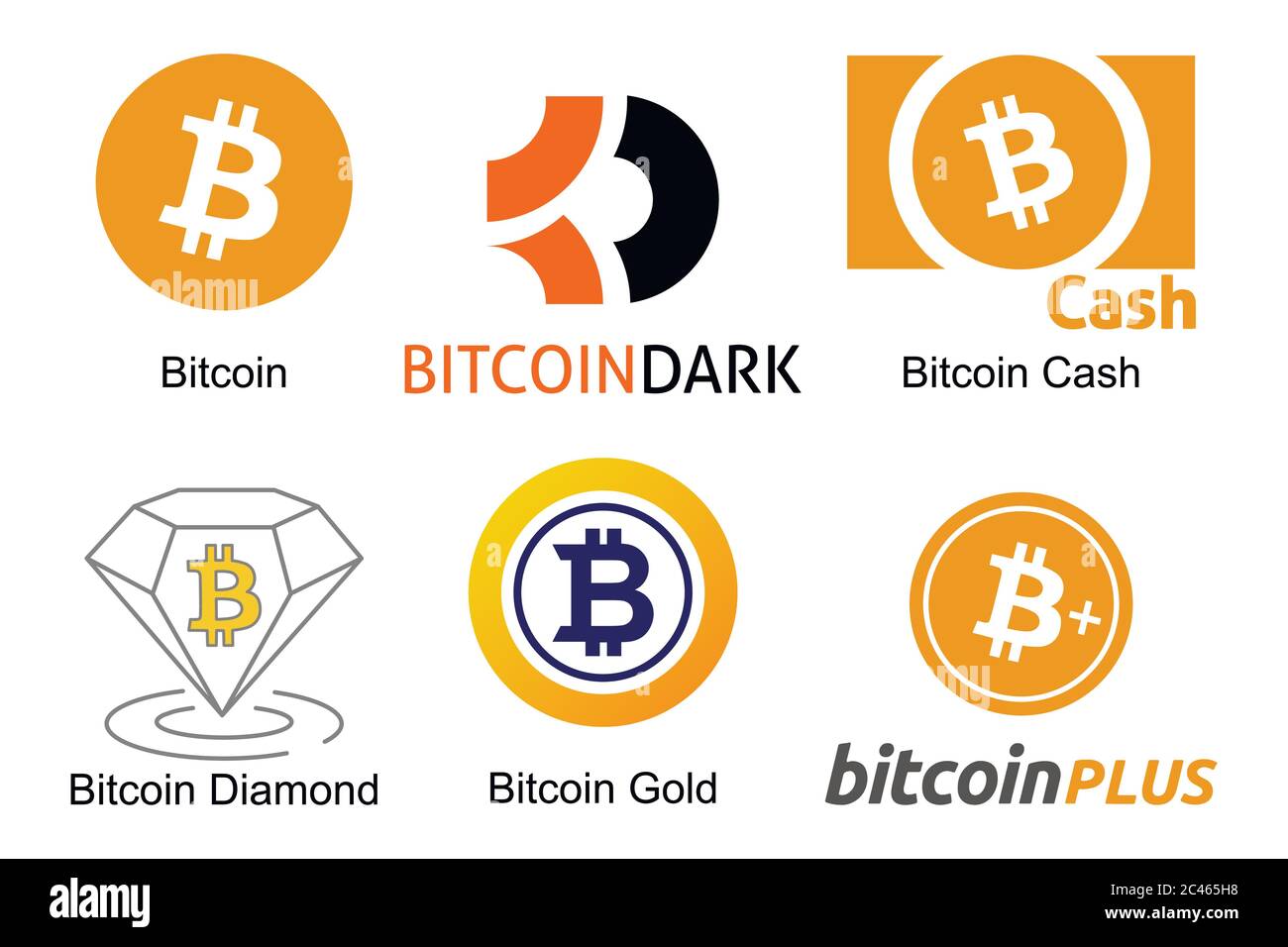 Conjunto de logotipos criptomonedas de bitcoin con nombres de él, ilustración vectorial Ilustración del Vector