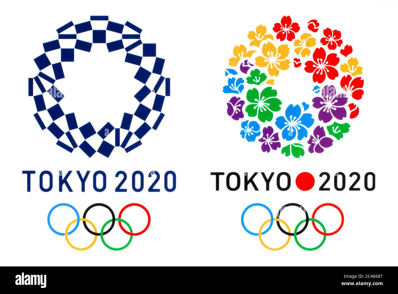 Kiev, Ucrania - 04 de octubre de 2019: Logotipo oficial de los Juegos Olímpicos de Verano 2020 en Tokio, y logotipo de la Ciudad candidata a Tokio, impreso en papel Foto de stock