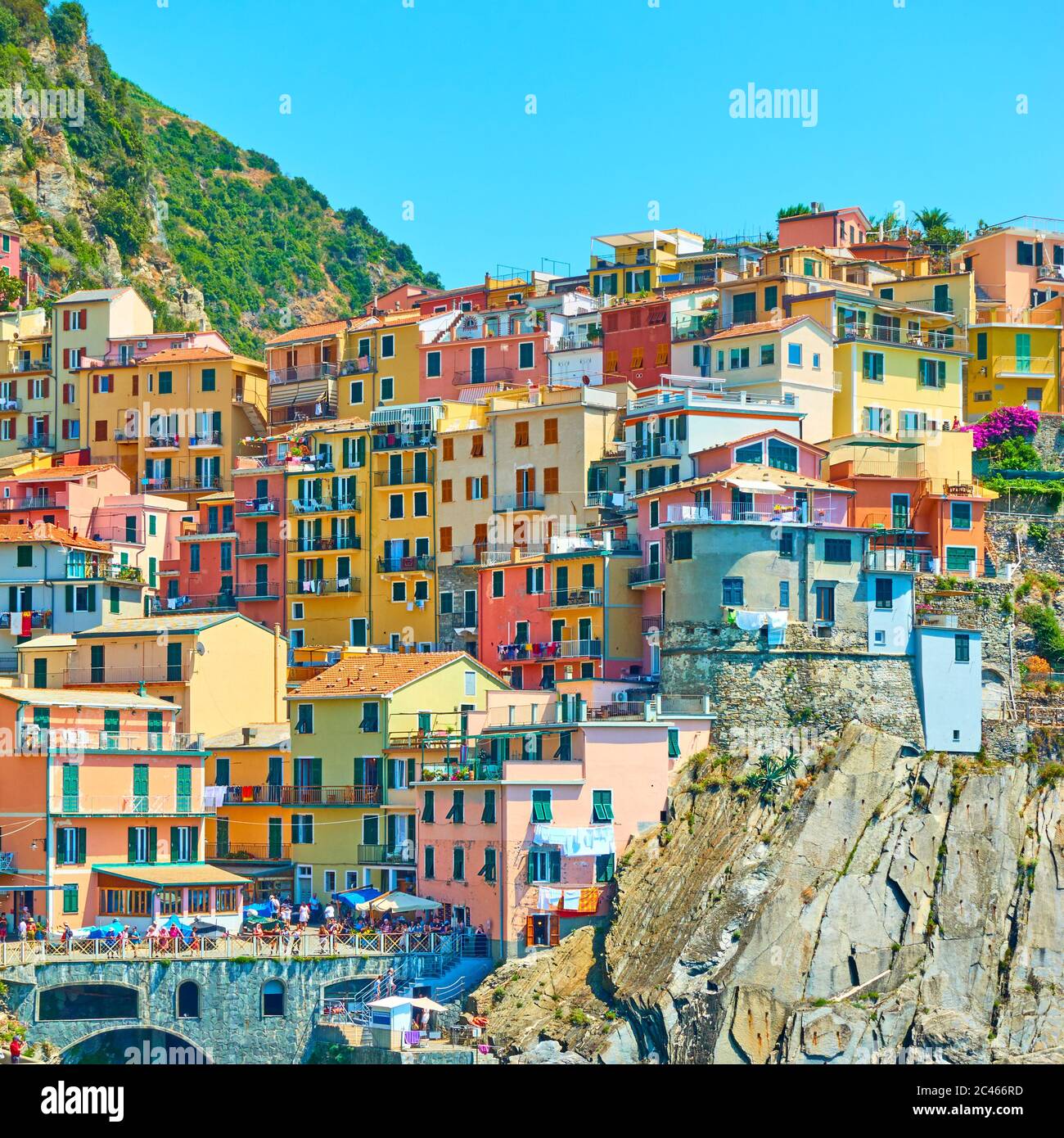 Casas de diferentes colores en la ladera junto al mar en Manarola, Cinque Terre, Italia Foto de stock
