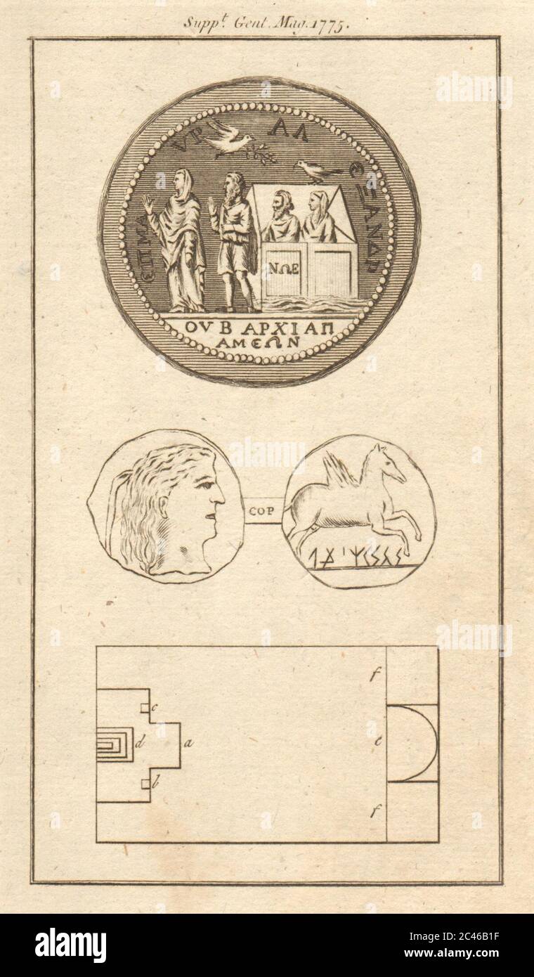 Medalla de Atamea. Caballo de alas de moneda de cobre fenicio. Capilla Huntingdon, Baño 1775 Foto de stock
