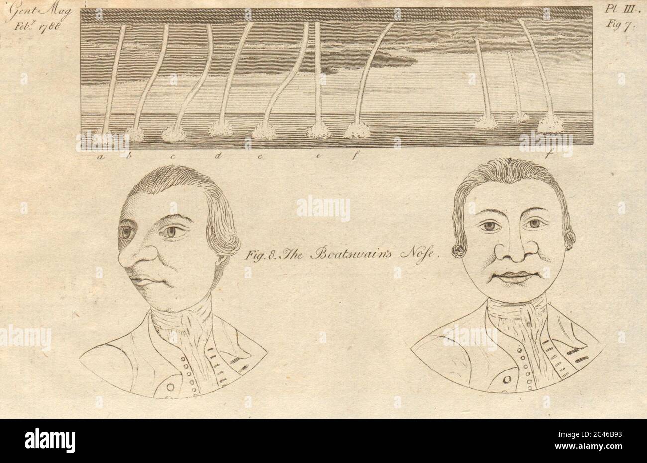 La caricatura de la nariz del Boatswain. Waterspouts 1788 antigua impresión de imágenes antiguas Foto de stock