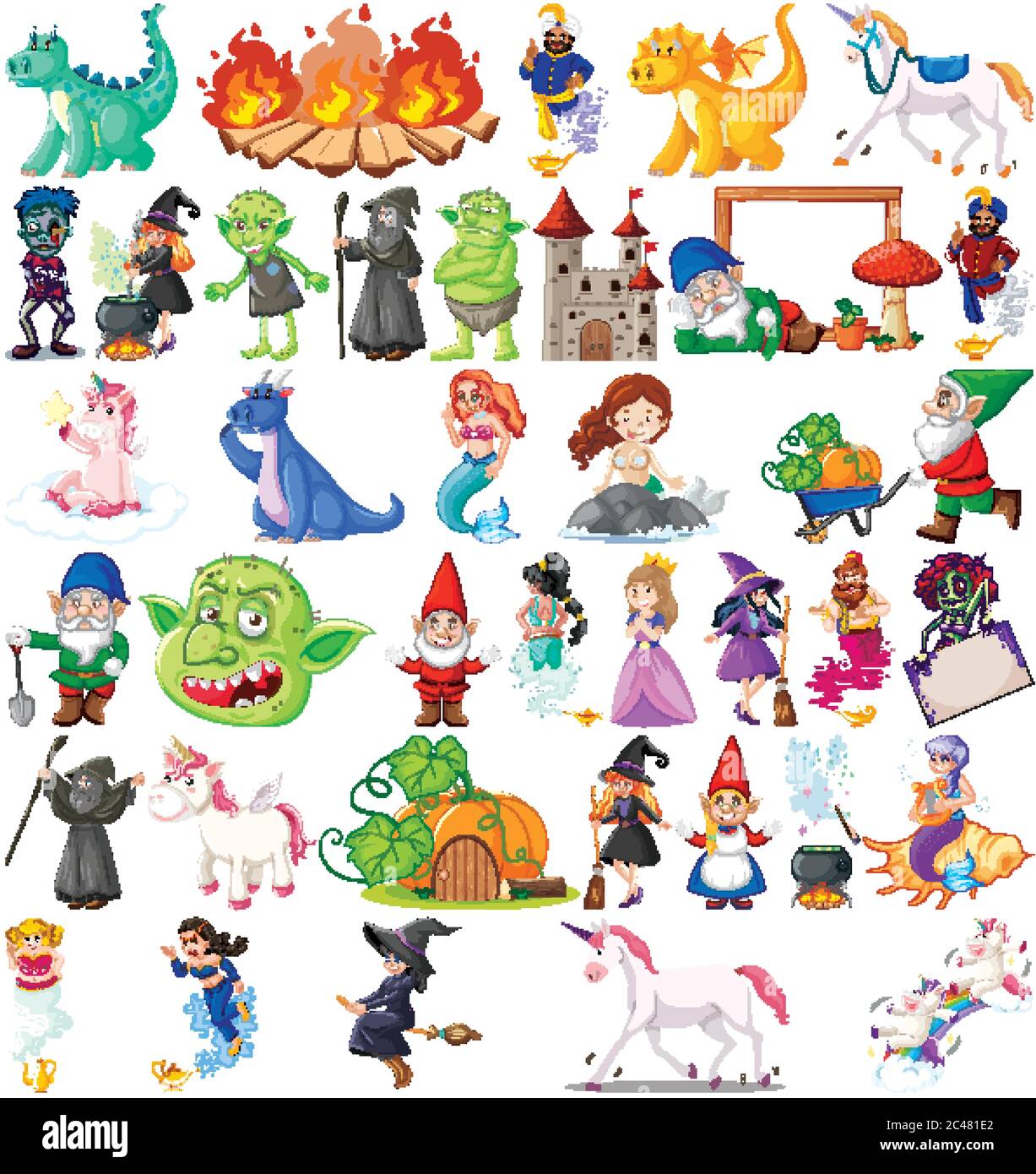 Conjunto de personajes de dibujos animados de fantasía y tema de fantasía  aislado en blanco ilustración de fondo Imagen Vector de stock - Alamy