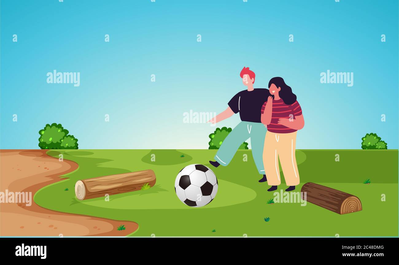 la pareja está jugando con el fútbol en los jardines Ilustración del Vector