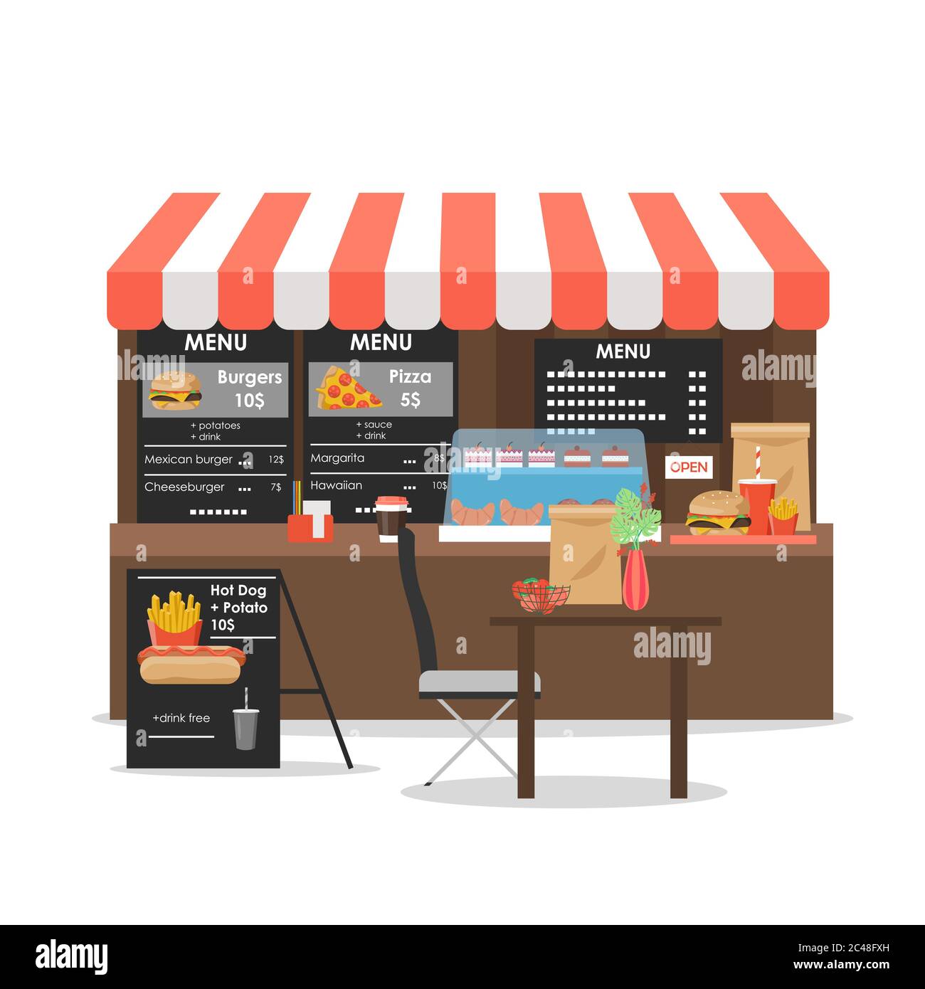 Quiosco de comida callejera, ilustración de diseño de vector plano Imagen  Vector de stock - Alamy