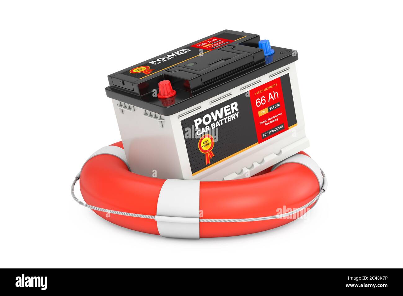Concepto de servicio de batería para coche. Acumulador de 12V de batería recargable de coche con etiqueta sobre Lifebuoy sobre fondo Presentación 3d Fotografía stock - Alamy