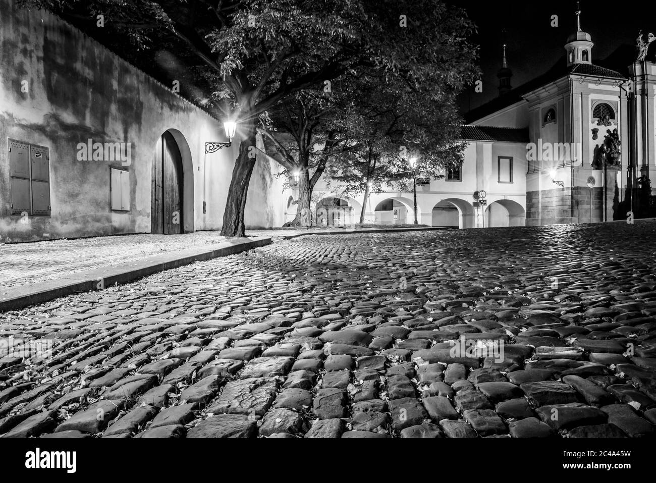 Calle adoquinada en la ciudad medieval antigua con casas iluminadas por lámparas de la calle de época, Novy Svet, Praga, República Checa. Foto nocturna. Imagen en blanco y negro. Foto de stock