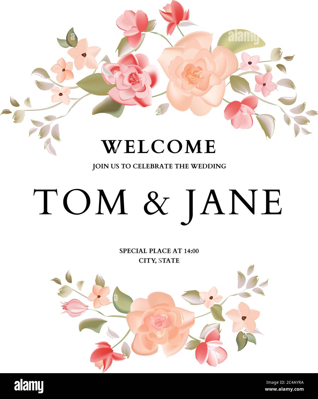 Diseño de plantilla de invitación de boda botánica hecha a mano, flores de  rosas y hojas con marco de corona sobre fondo blanco, estilo vintage Imagen  Vector de stock - Alamy