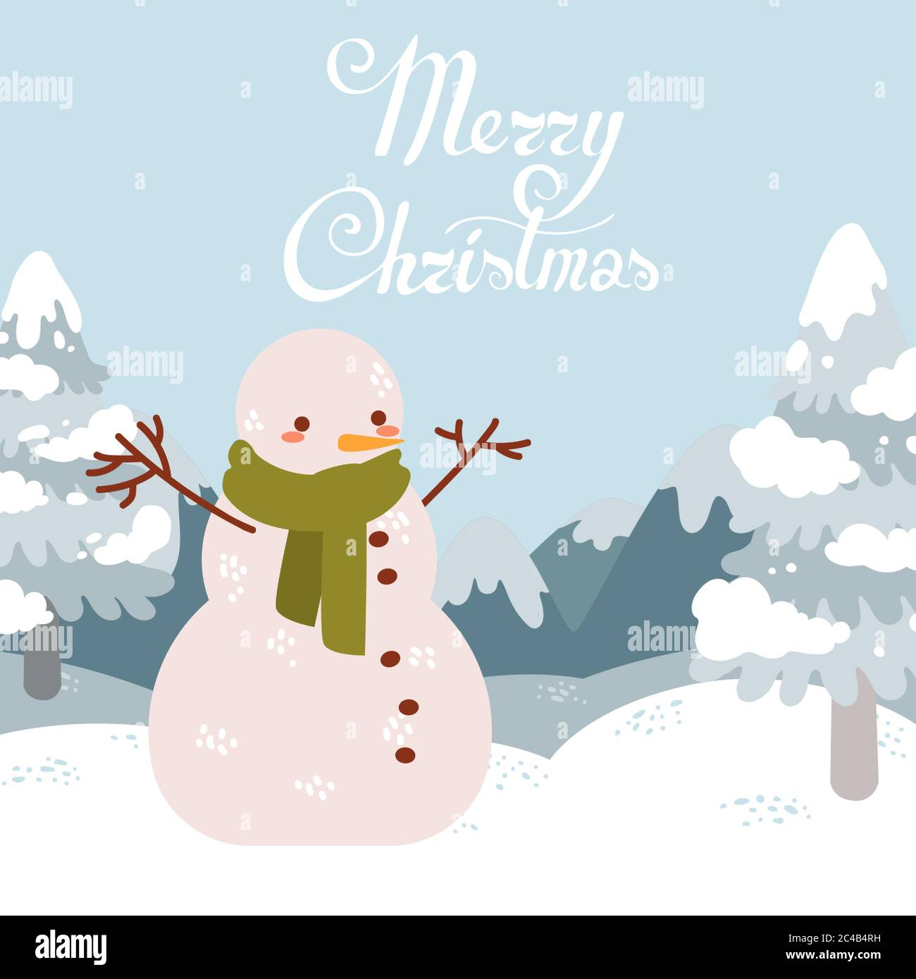 Muñeco de nieve de dibujos animados con bufanda y letra de feliz Navidad Ilustración del Vector